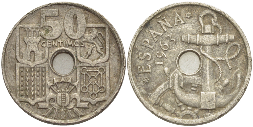 ИСПАНИЯ 50 СЕНТИМО 1963 (63) ФРАНСИСКО ФРАНКО ДИКТАТОР ИСПАНИИ ( 1939- 1975) , МОРСКАЯ АТРИБУТИКА KM 777 медно-никель 216-534