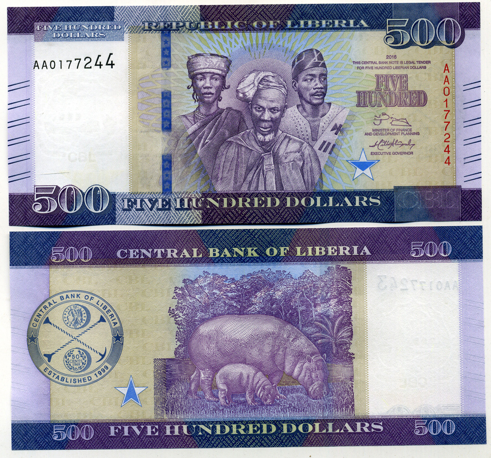 Либерия 500 долларов 2016 мужчина, женщина, бегемот Pick 36 a бумага UNC (пресс) 451-352-3