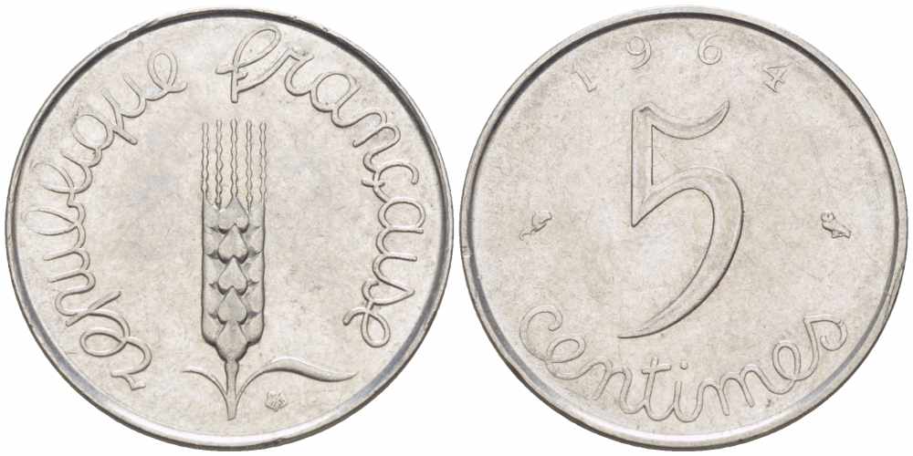 ФРАНЦИЯ 5 САНТИМОВ 1964 ПЯТАЯ РЕСПУБЛИКА KM 927, LE FRANC 124.6 хромированная сталь 105-436