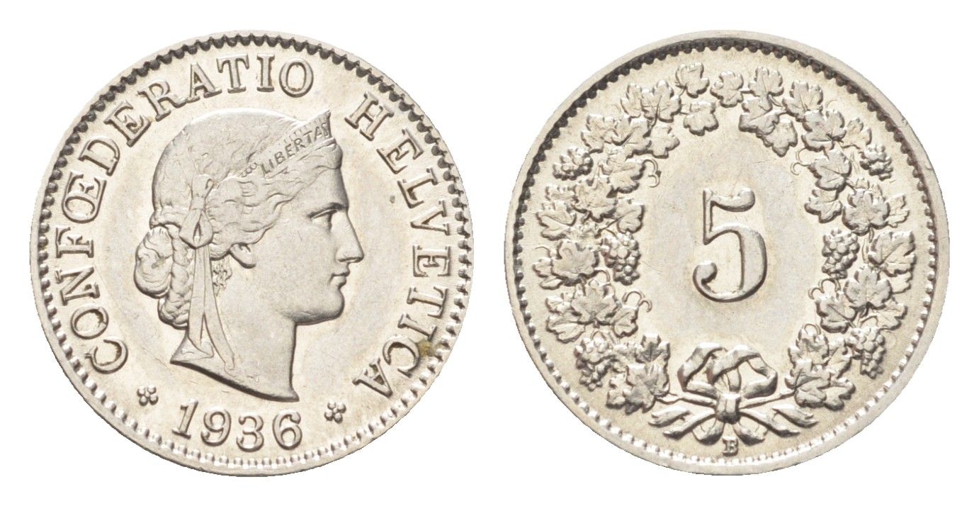 Швейцария 5 раппенов 1936 B KM 26b никель 4705-1229
