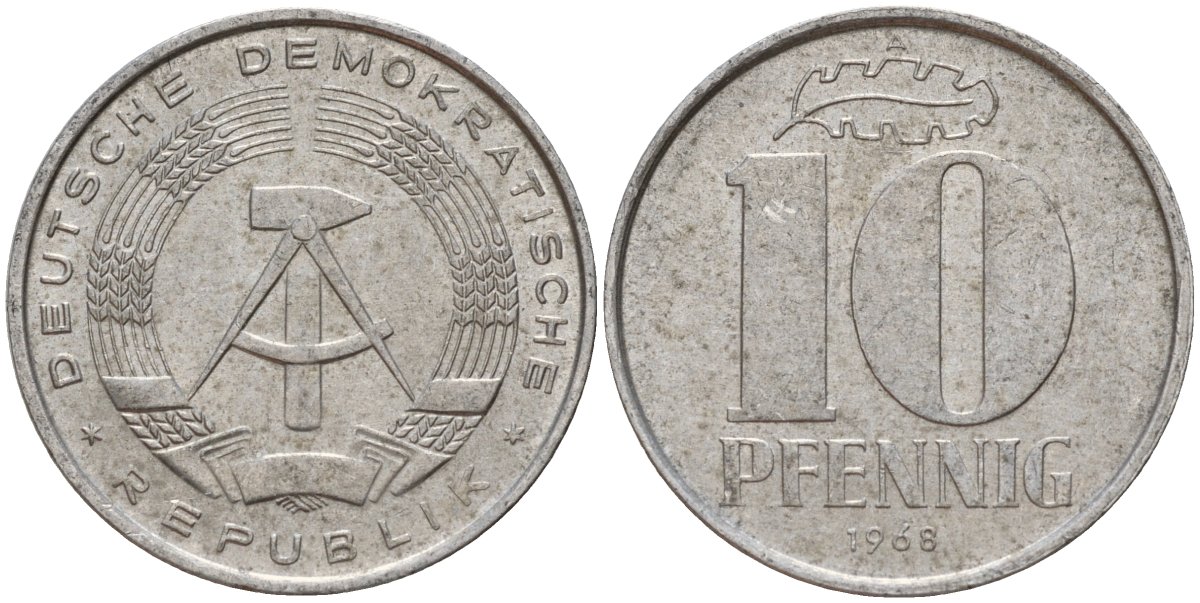 ГДР 10 пфеннигов 1968 A KM 10 алюминий 67-323