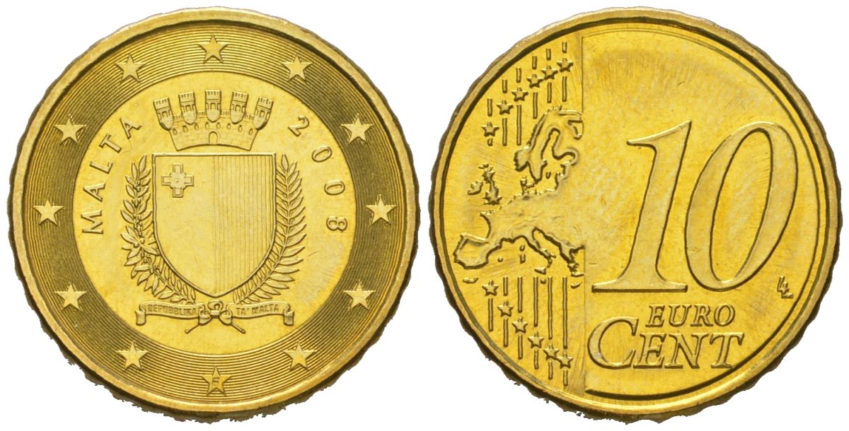 Мальта 10 евроцентов 2008 F KM 128 нордик UNC 4551-1112