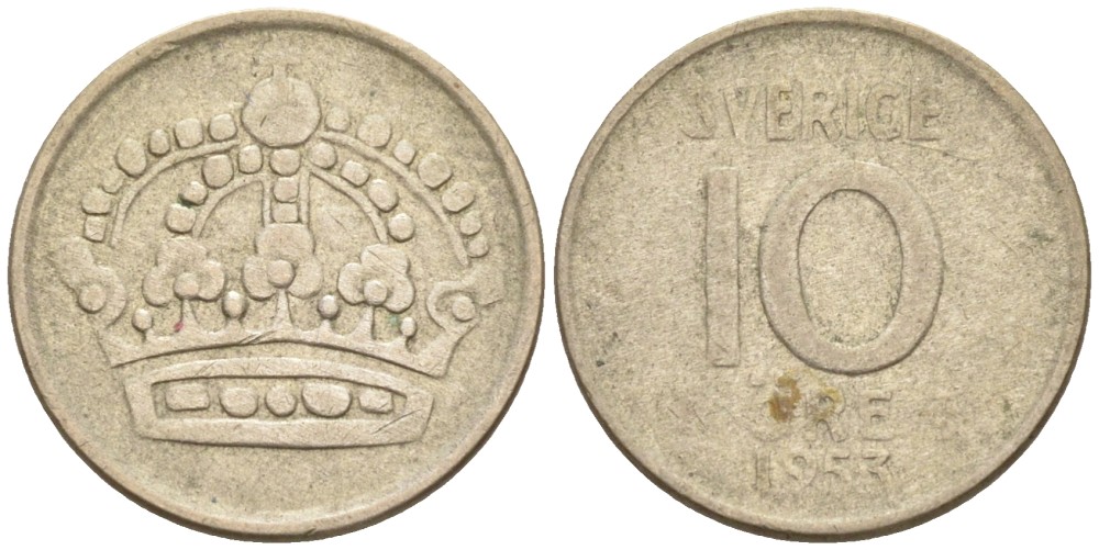 Швеция 10 эре 1953 TS, Густав VI Адольф (1950-1973) KM 823 серебро 192-141