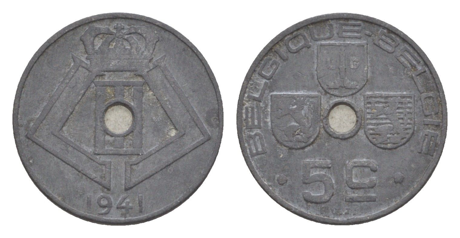 Бельгия 5 сантимов 1941 Belgique - Belgie, Леопольд III (1934-1947), германская оккупация, Вторая мировая война KM 123 цинк 4640-1116