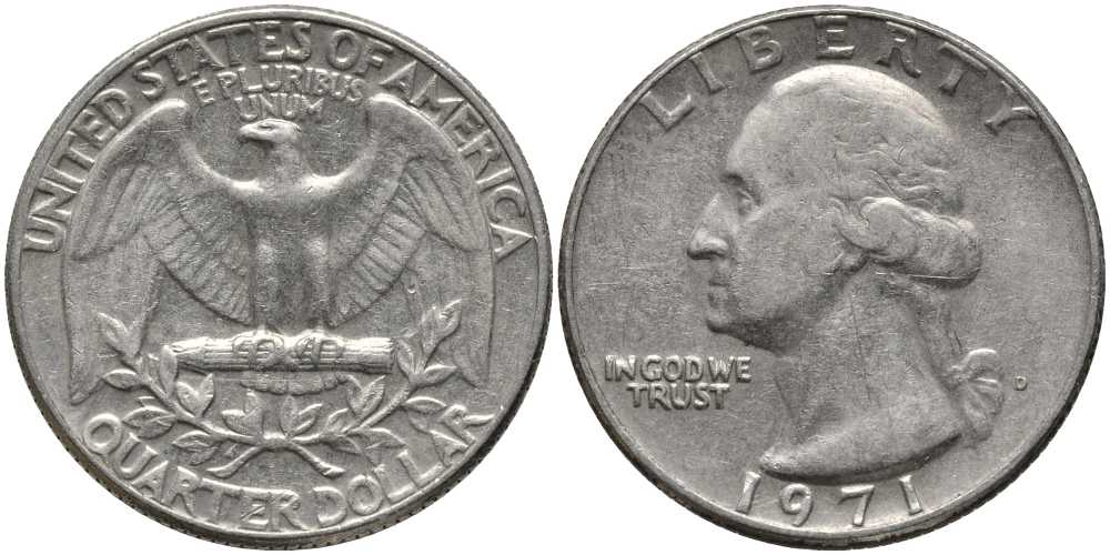 США 25 центов (квотер) 1971 D, Вашингтон KM 164а медь плакированная медно-никелем 113-525