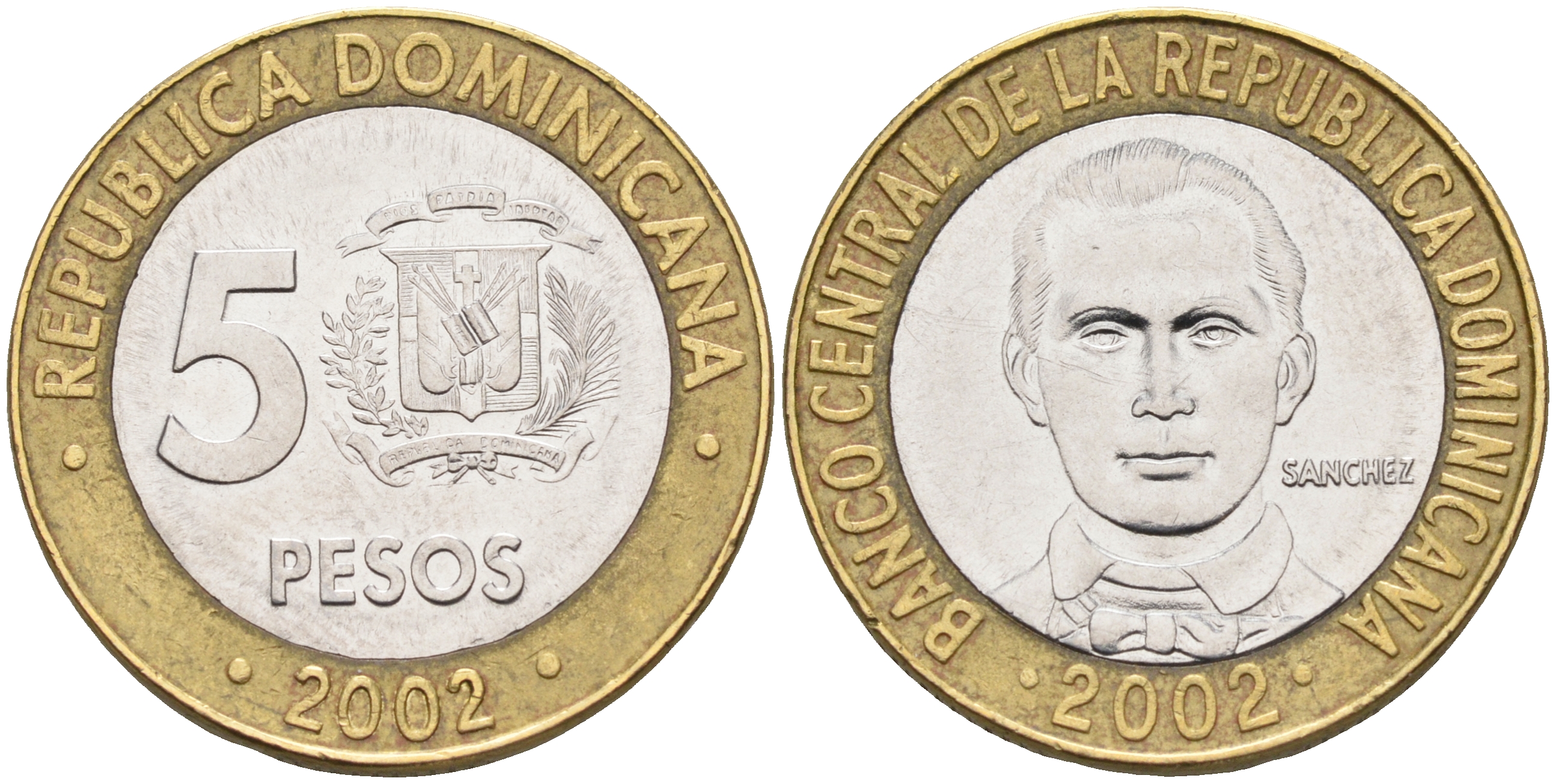 Доминиканская республика 5 песо 2002 Санчес KM 89 биметалл aUNC 4595-713