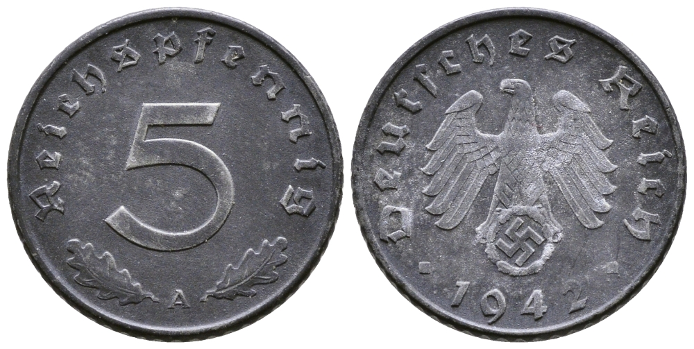 ГЕРМАНИЯ 5 РЕЙХСПФЕННИГОВ 1942 A, KM 100, J. 370 цинк 80-824