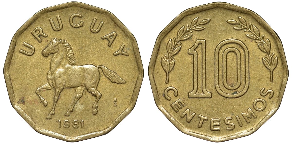 Уругвай 10 сентесимо 1981 KM 66 алюминиевая бронза 4169-538