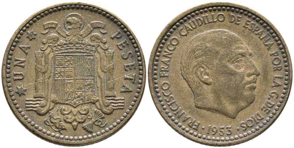 ИСПАНИЯ 1 ПЕСЕТА 1953 (62) ФРАНСИСКО ФРАНКО ДИКТАТОР ИСПАНИИ (1939-1975) KM 775 алюминиевая бронза 110-1122