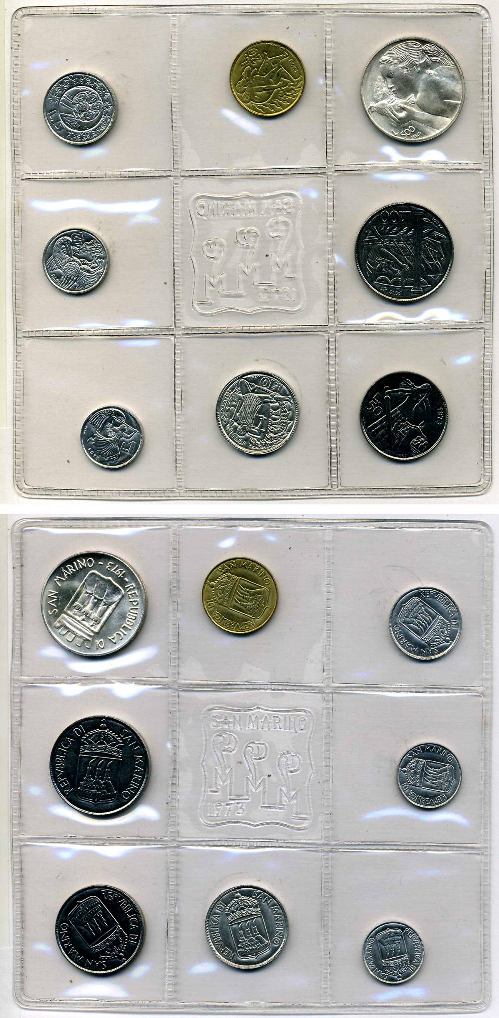 Сан-Марино годовой набор из 8 монет 1973 1, 2, 5, 10, 20, 50, 100 и 500 лир ребёнок держит голубя KM 22-29, в оригинальной пластиковой запайке серебро KM MS2 серебро UNC 3-4-5-23