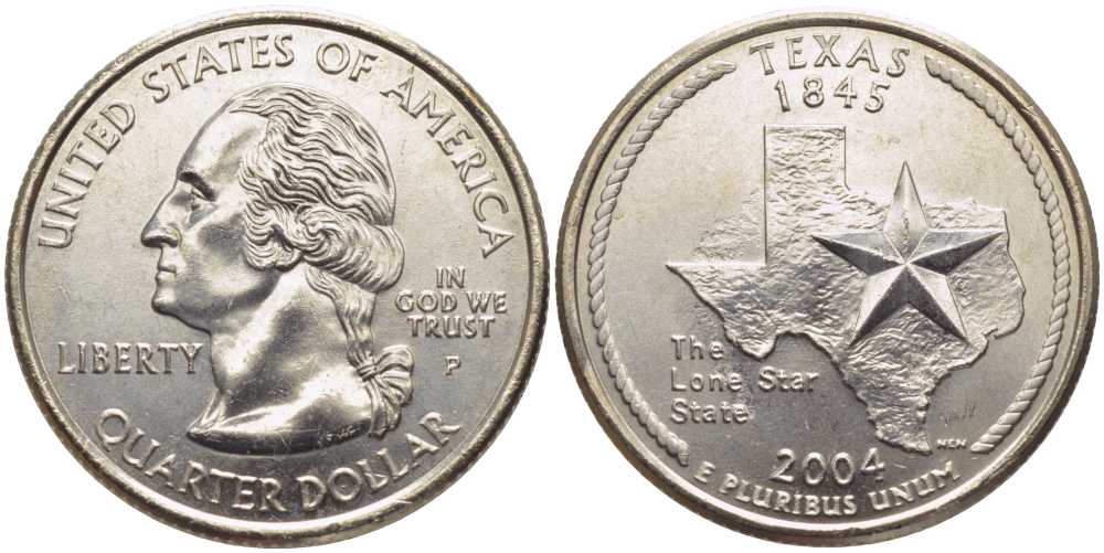 США 25 центов = квотер 2004 P, серия штаты США, Техас KM 357 медь плакированная медно-никелем UNC M50-01