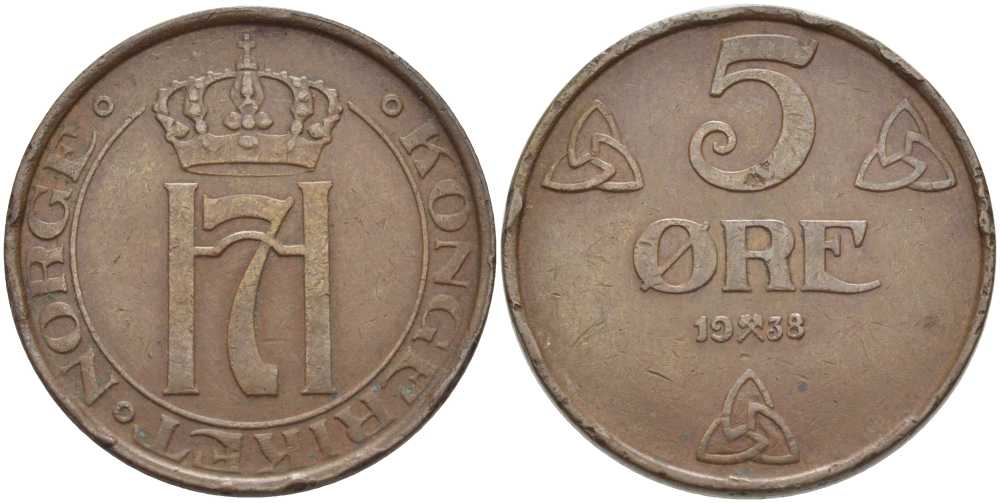 НОРВЕГИЯ 5 ЭРЕ 1938 ХОКОН VII (1905-1957) KM 368 бронза 115-813