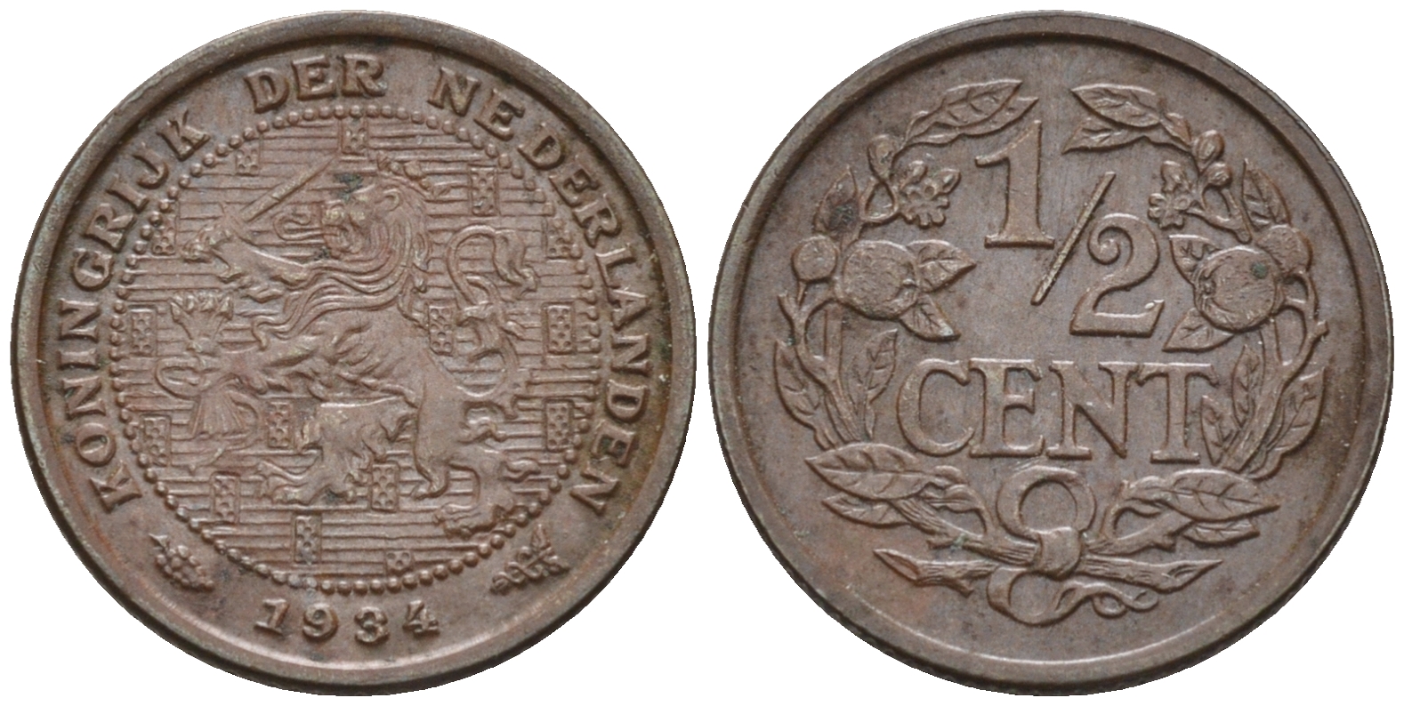 Нидерланды 1/2 цента 1934 Вильгельмина (1890-1948) KM 138 бронза    4169-242