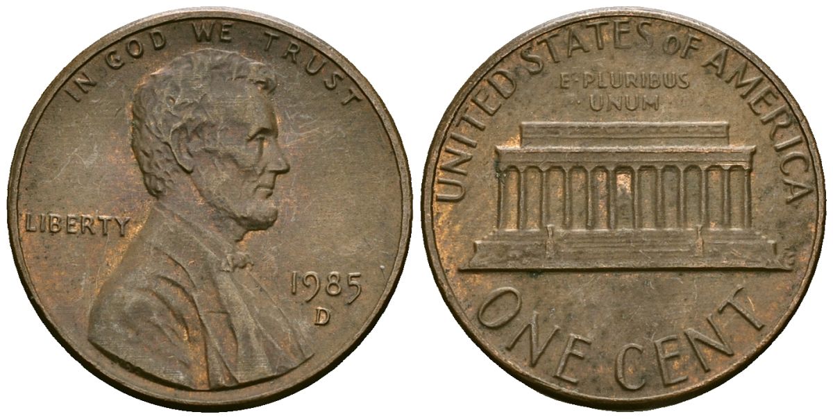 США 1 цент 1985 D, Линкольн KM 201b цинк плакированный медью 4136-259