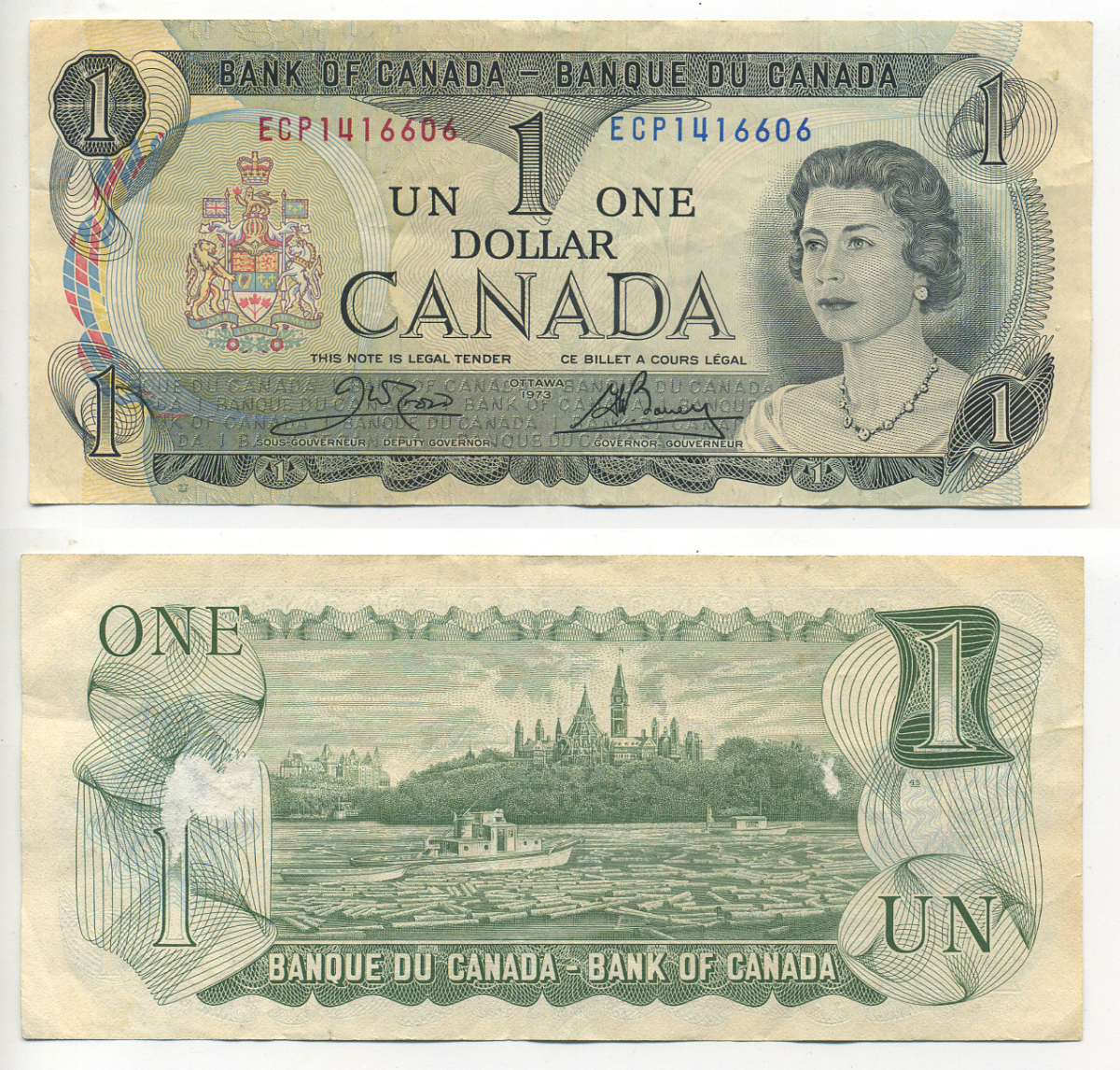 Канада 1 доллар 1973 Елизавета II (1952- ), здание парламента на реке Оттава, Crow-Bouey Pick 85 c бумага 6293-29-2