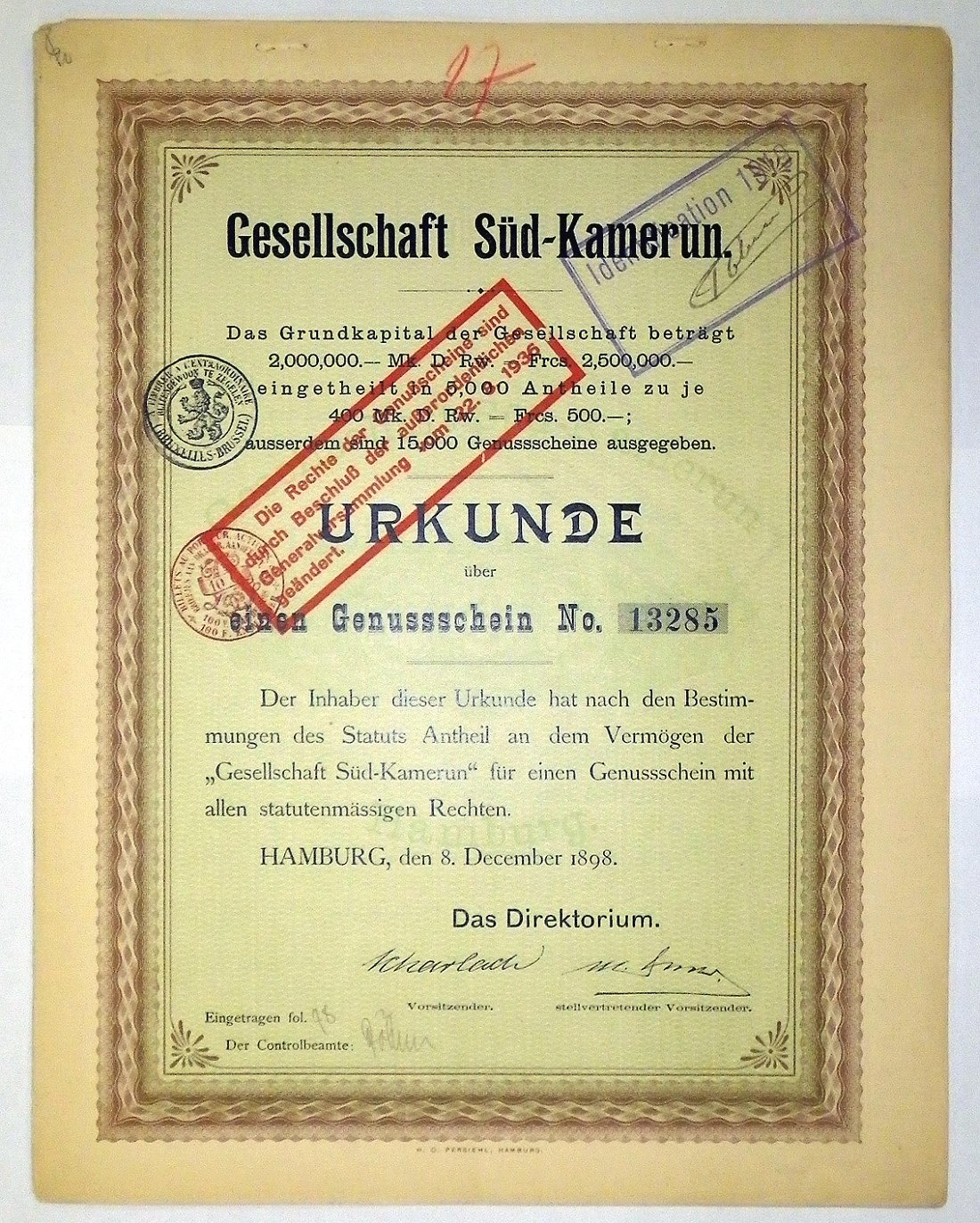 GESELLSCHAFT SUD-KAMERUN - АКЦИОНЕРНОЕ ОБЩЕСТВО ЮЖНОГО КАМЕРУНА 1 АКЦИЯ 1898 ГЕРМАНИЯ бумага 5553-6