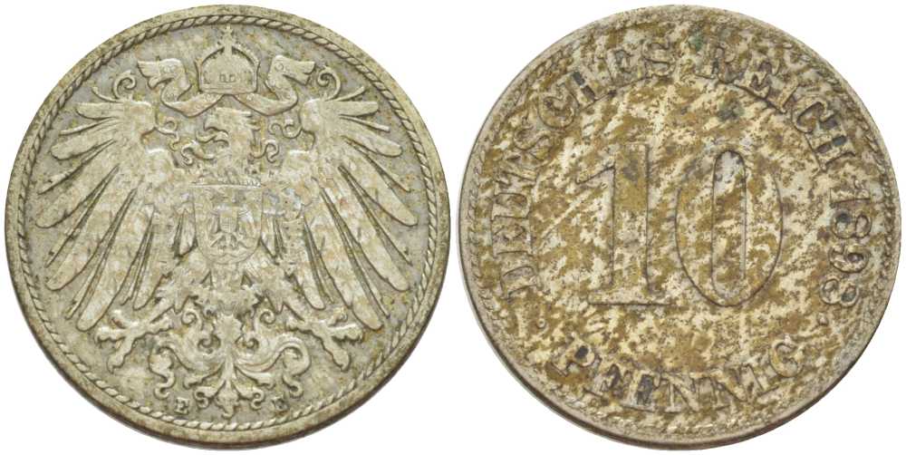 ГЕРМАНИЯ 10 ПФЕННИГОВ 1898 E KM 12, J. 13, Weege 8 медно-никель 261-1322