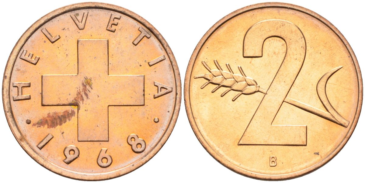 Швейцария 2 раппена 1968 В KM 47 бронза UNC 4575-1044