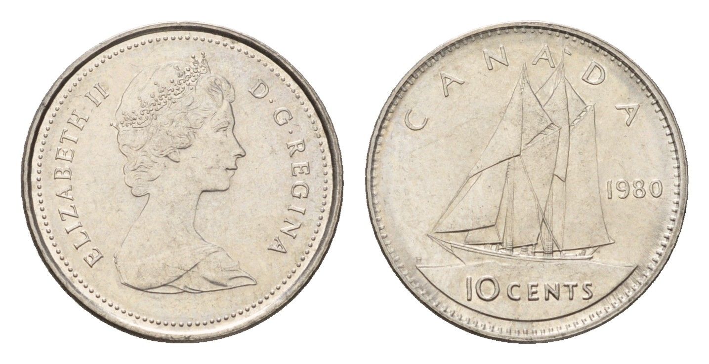 Канада 10 центов 1980 Елизавета II (1952-2022), парусник KM 77 никель UNC 4689-552