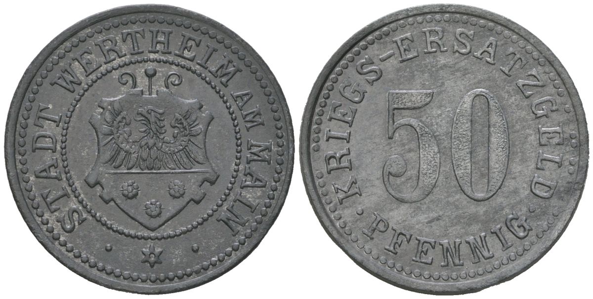 Вертхайм-на-Майне (Баден) 50 пфеннигов 1917 Funck 597.3, Men14 33447.3 цинк aUNC 4591-455