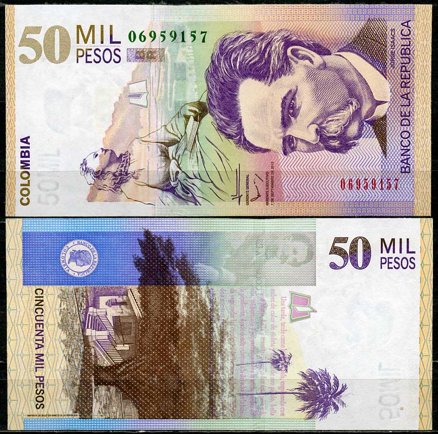 Колумбия 50000 песо 2013 7 сентября 2013, Хорхе Исаакс Pick 455 p  бумага  UNC (пресс) 451-678-2