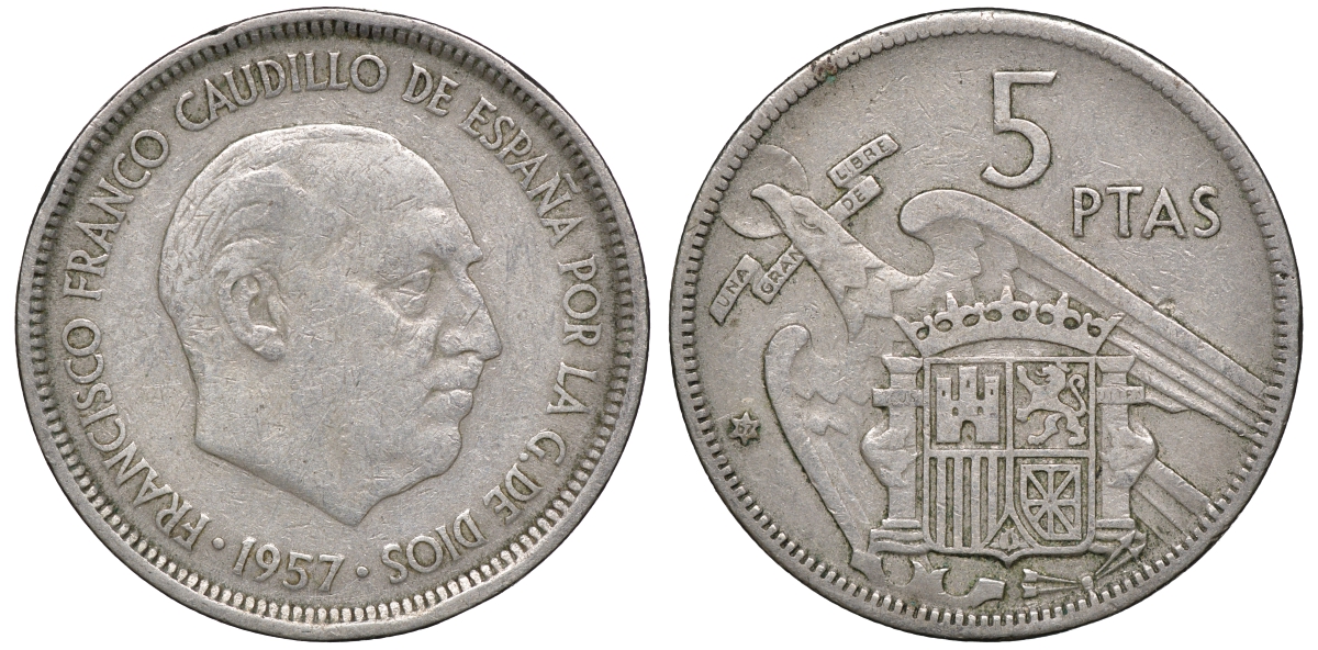 Испания 5 песет 1957 (67) Франсиско Франко (1939-1975) KM 786 медно-никель 53-1013