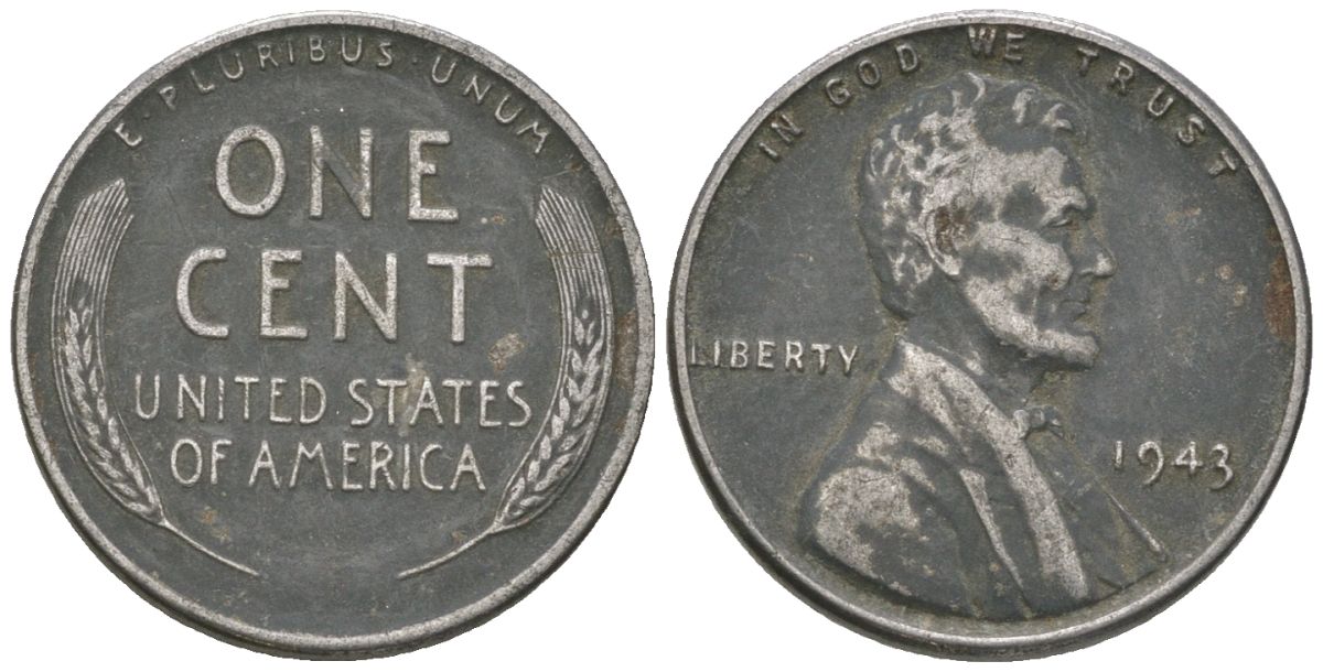 США 1 цент 1943 Авраам Линкольн KM 132 a сталь покрытая цинком 214-514
