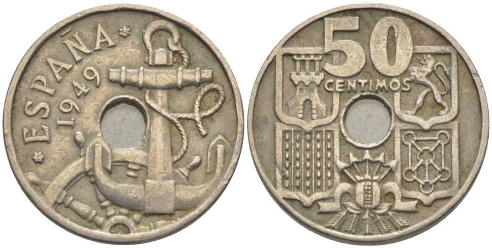 ИСПАНИЯ 50 СЕНТИМО 1949 (52) ФРАНСИСКО ФРАНКО ДИКТАТОР ИСПАНИИ (1939-1975), МОРСКАЯ АТРИБУТИКА KM 777 медно-никель 116-1044