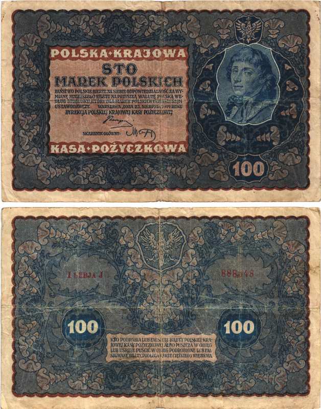 Польша 100 марок 1919 23 августа 1919, третий выпуск, Тадеуш Костюшко, I серия J Pick 27 (1), M27a  бумага   8609-9-1-1