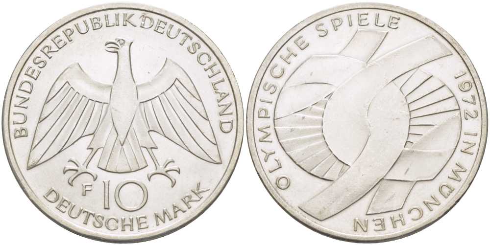 ФРГ 10 МАРОК 1972 F, ОЛИМПИАДА, СПИРАЛЬ KM 134.1, J. 402 серебро UNC 180-1112