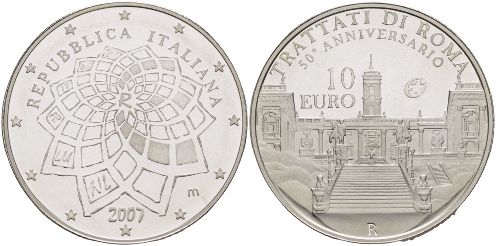 Италия 10 евро 2007 50 лет Римскому договору KM 295 серебро PROOF 01-143-23