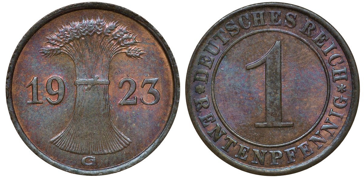 Германия 1 рентенпфенниг 1923 G KM 30, J. 306 бронза UNC 72-1165