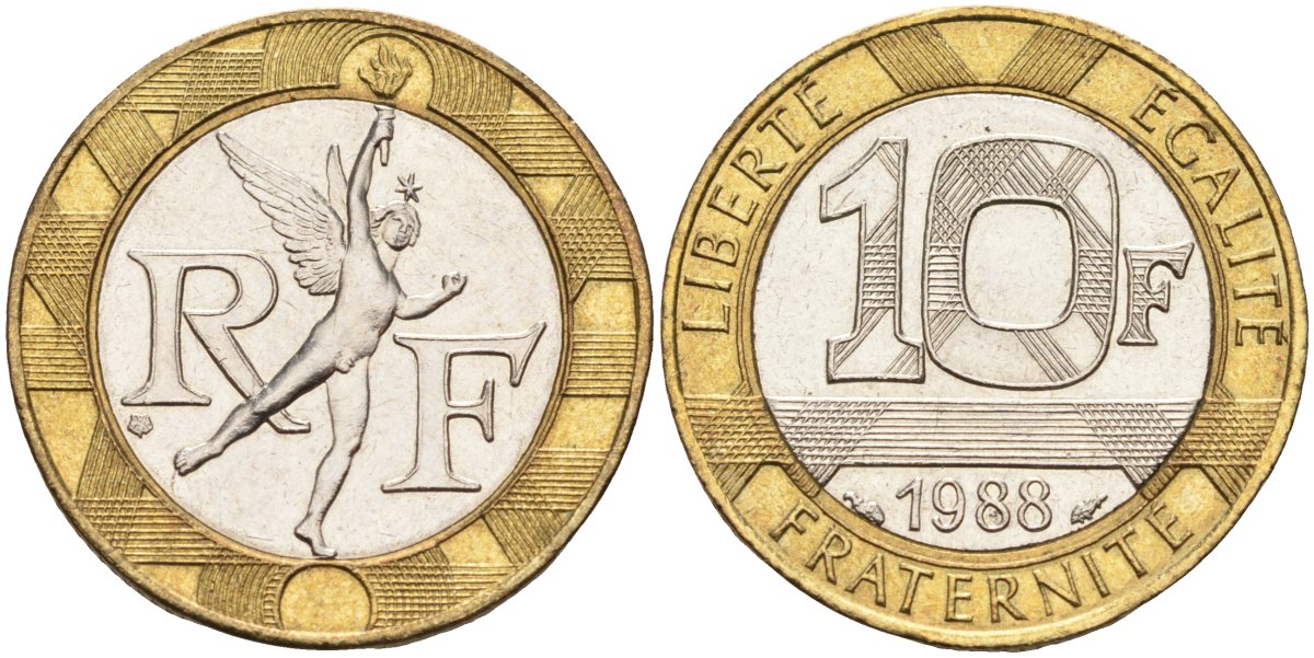 Франция 10 франков 1988 тип Гений Бастилии KM 964.1, Le Frank 375.2 биметалл 4586-1127