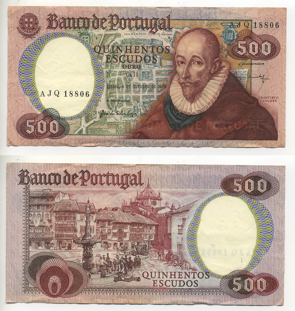 ПОРТУГАЛИЯ 500 ЭСКУДО 1979 (1982) 4 ОКТЯБРЯ 1979, ФРАНЦИСКО САНЧЕС, СТАРЫЕ УЛИЦЫ БРАГИ Pick 177 бумага 7553-1-4