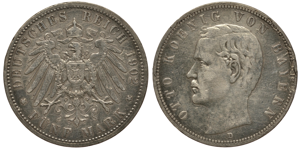 Бавария 5 марок 1902 Отто (1886-1913) Weege 47, J. 46, KM 512 серебро 3711-1441