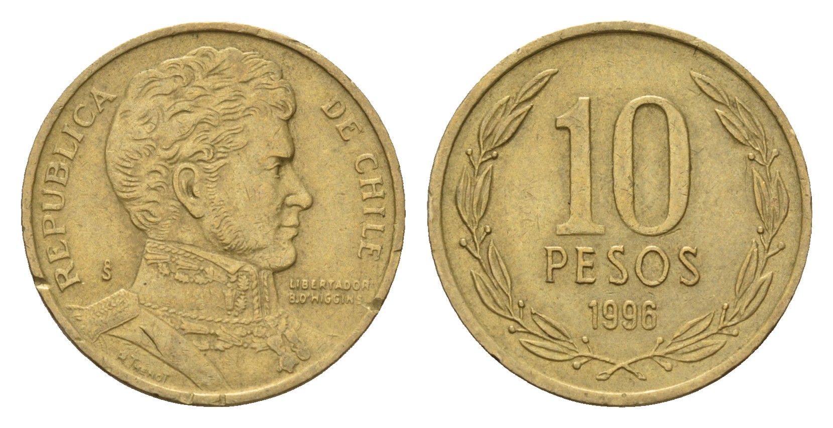 Чили 10 песо 1996 KM 228 никель латунь 4674-115