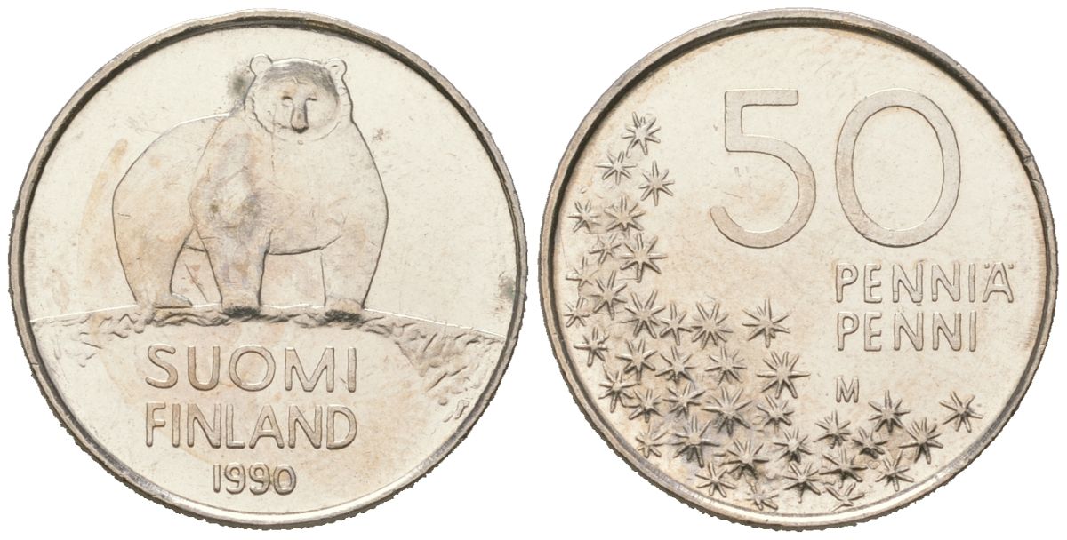 Финляндия 50 пенни 1990 M, полярный медведь KM 66 медно-никель aUNC 96-637