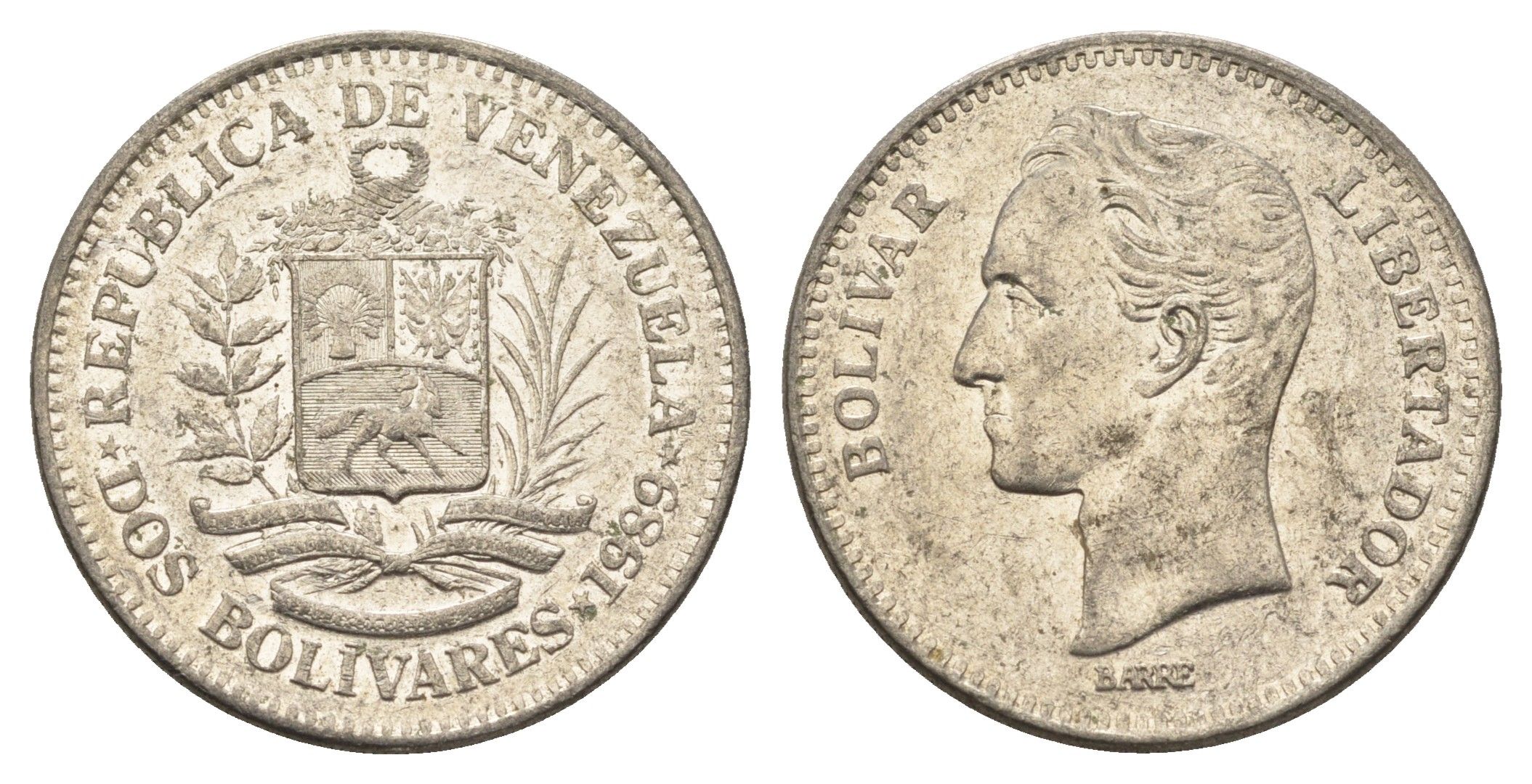 Венесуэла 2 боливара 1989 Симон Боливар Y 43a сталь плакированная никелем 4662-951