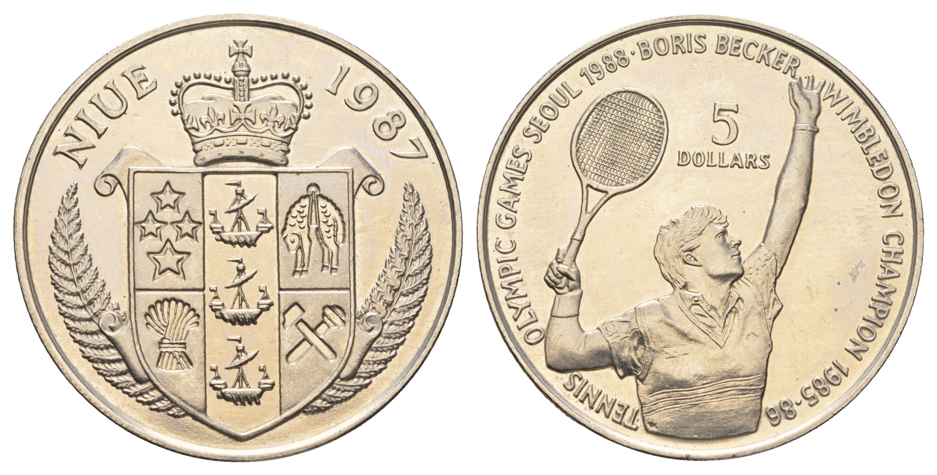 Ниуэ 5 долларов 1987 XXIV летние Олимпийские Игры, Сеул 1988 - Теннис, Борис Беккер KM 1 медно-никель BU 11-057-15