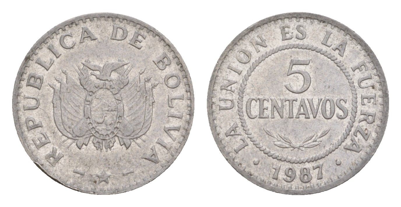 Боливия 5 сентаво 1987 KM 201 нержавеющая сталь 4649-836