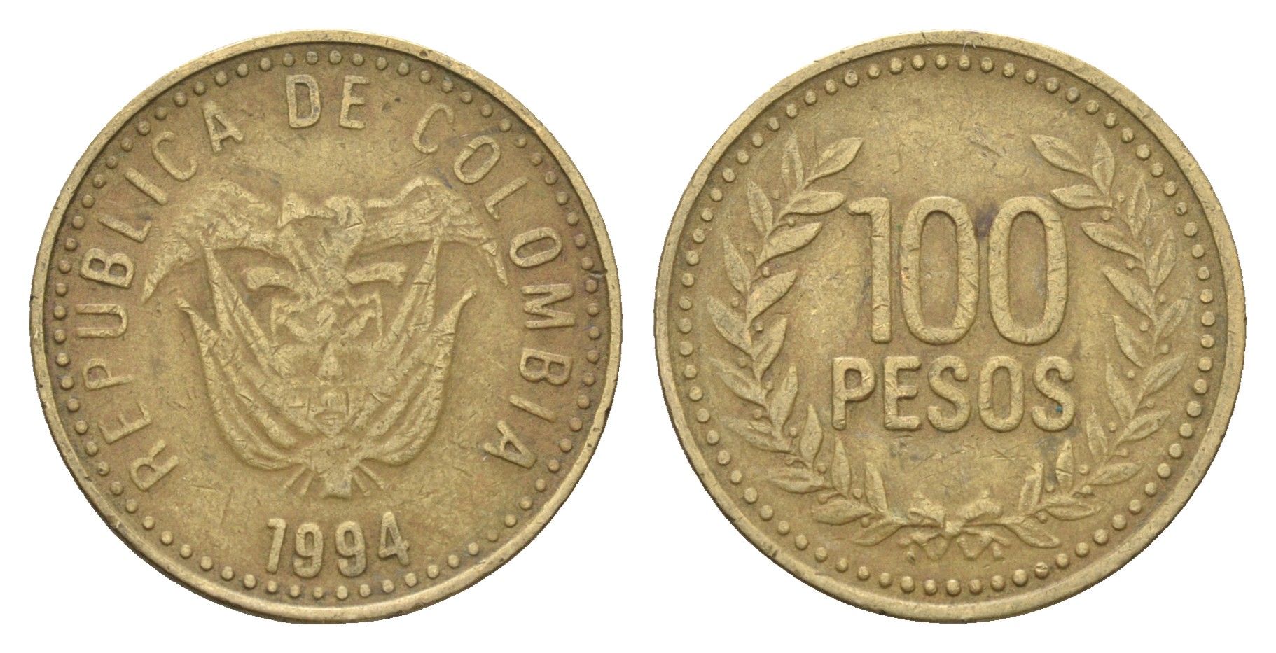 Колумбия 100 песо 1994 KM 285 латунь 4663-453