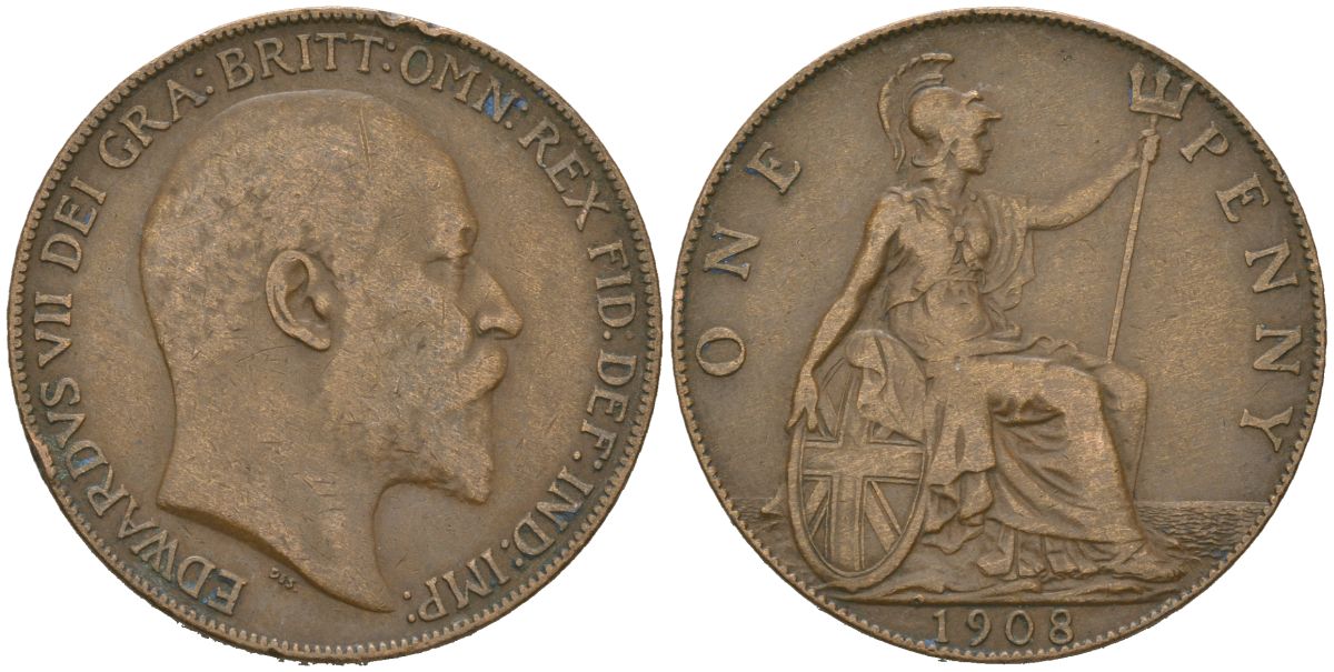 Великобритания 1 пенни 1908 Эдуард VII (1901-1910) KM 794.2, Spink 3990 бронза 221-511