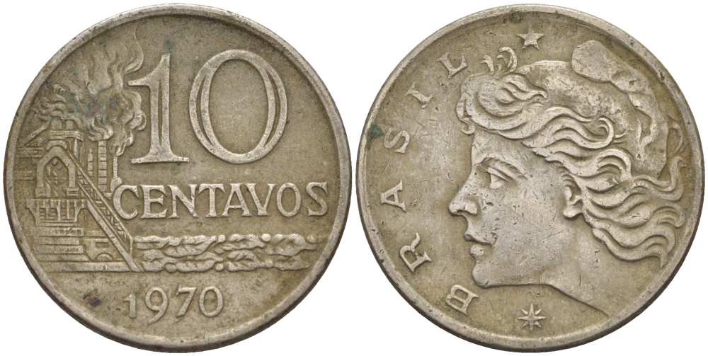 БРАЗИЛИЯ 10 СЕНТАВО 1970 РЕФОРМА 1967-1985, ГОЛОВА СВОБОДЫ ВЛЕВО KM 578.2 медно-никель 36-554