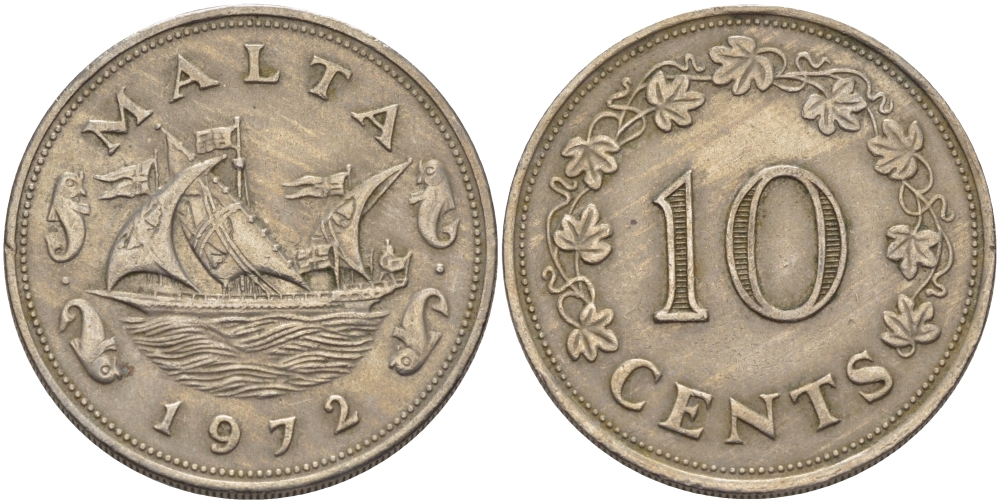 Мальта 10 центов 1972 баржа Великого магистра KM 11 медно-никель 82-541