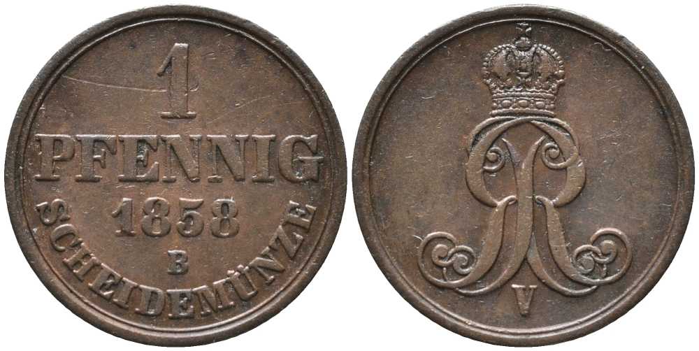 ГАННОВЕР 1 ПФЕННИГ 1858 В, ГЕОРГ V (1851-1866) KM 233 медь 4448-1033