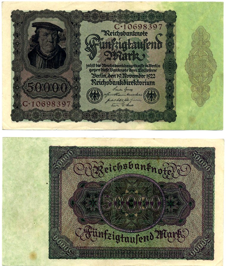 Германия 50000 марок 1922 19 ноября 1922, выпуск (февраль 1923-5 июля 1925), номер восьмизначный, серия C 10698397 Pick 80, Розенберг 78 бумага 2194-7-1-2