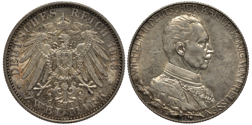 Пруссия 2 марки 1913 A, Вильгельм II (1888-1918), 25 лет правления (мундир) Weege 111, J. 111, KM 533 серебро 3711-834