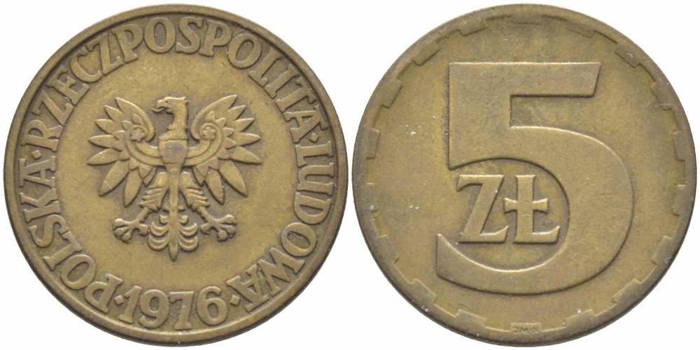 Польша 5 злотых 1976 монетный двор Ленинград (ЛМД) KM 81.1, Parchimowicz 221b латунь 3856-943