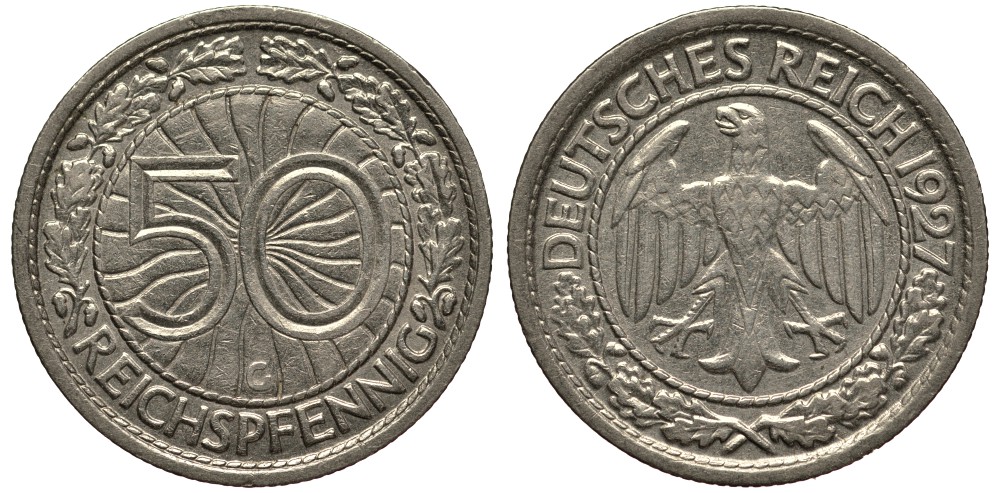 Германия 50 рейхспфеннигов 1927 G KM 49, J. 324 никель 413-4021