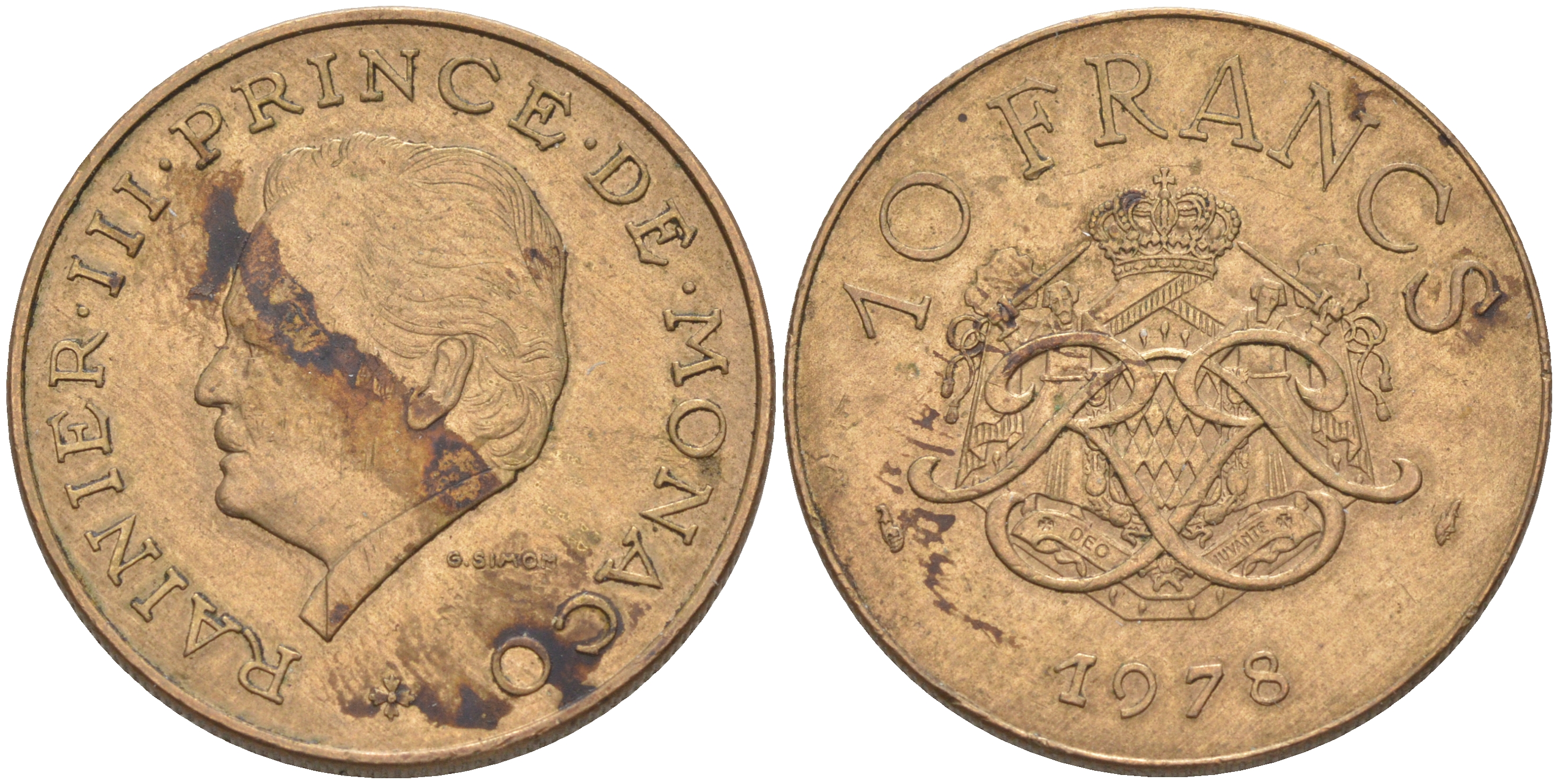 Монако 10 франков 1978 Ренье III (1949-2005) KM 154 медь никель алюминий 190-556